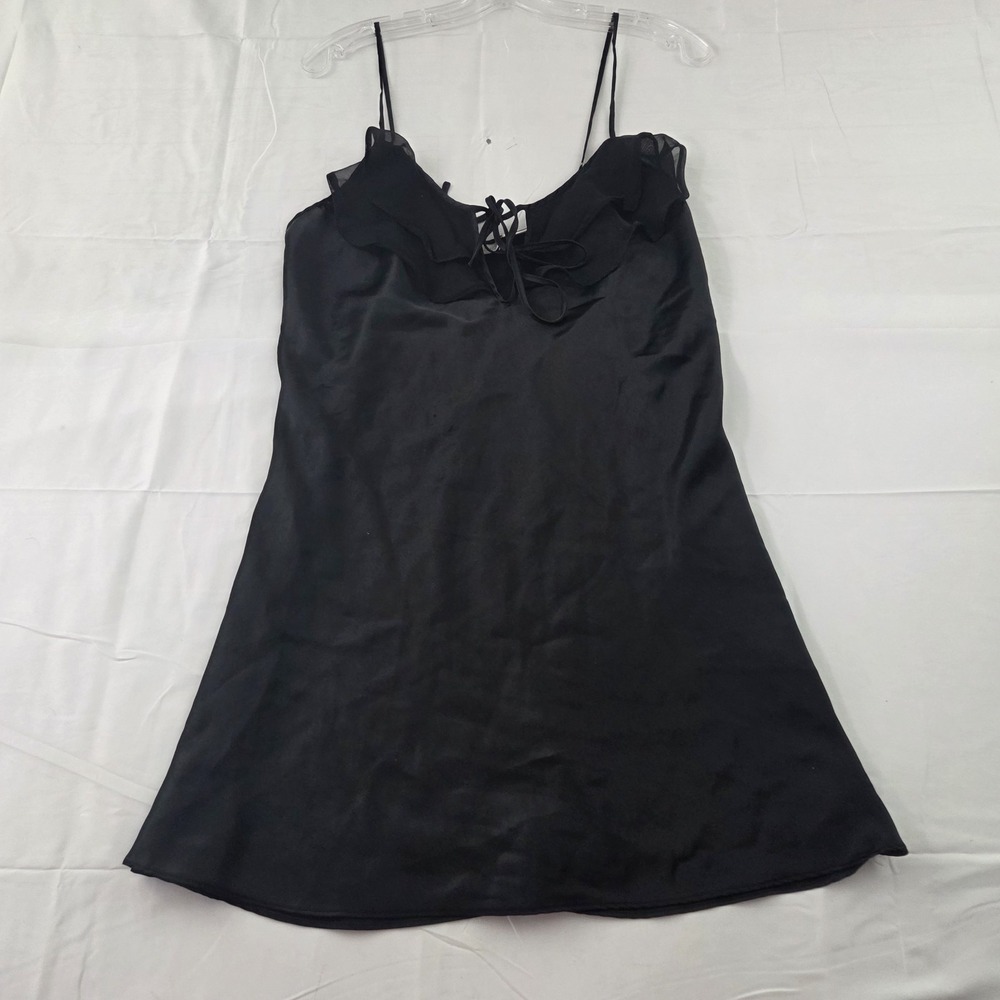 Vintage Adonna Nightgown Womens 8 Black Satin Ruffle Mini Slip Dress Romantic